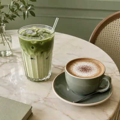 IJsmatcha latte en een cappuccino op een marmeren cafétafel