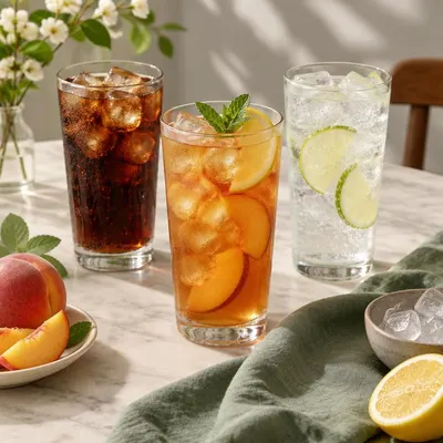 Glazen cola, perzik-ijsthee met munt en citroen, en bruisende limoenfrisdrank met ijs op een marmeren tafel
