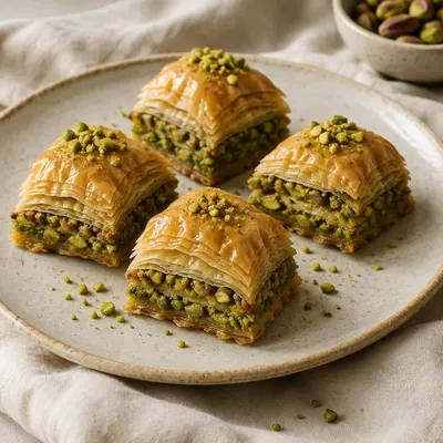 Vier stukjes pistache-baklava op een keramisch bord